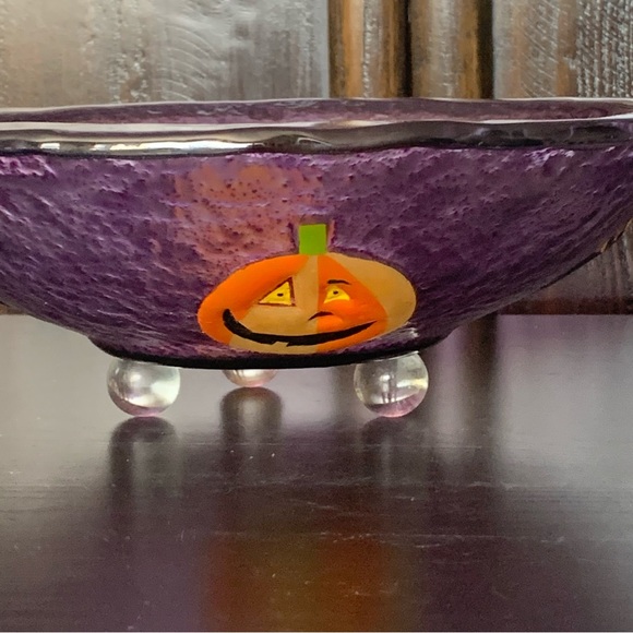 Vintage Purple Glass Halloween Bowl Jack O’Lanterns Black Cats - Picture 5 of 9